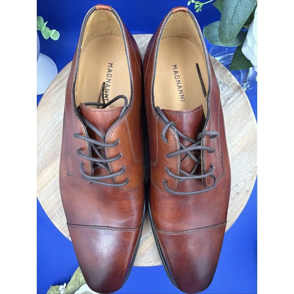 Magnanni Men's Derby Cognac Leather Cap Toe Oxford Dress Shoes US Size 7 New